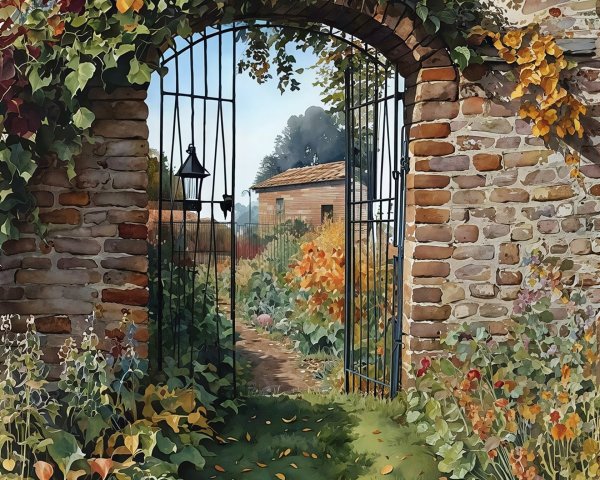 Watercolor Painting of Arched Garden Gate and Path
