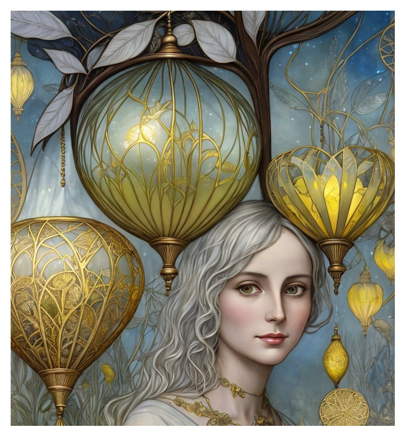 Serene Young Woman Surrounded by Golden Lanterns
