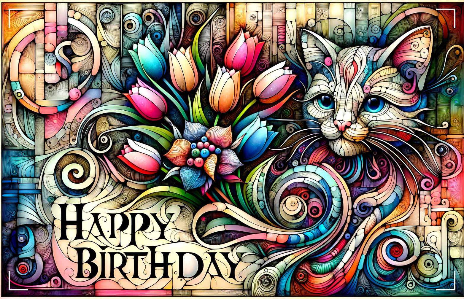 Colorful Birthday Illustration with Cat and Flowers