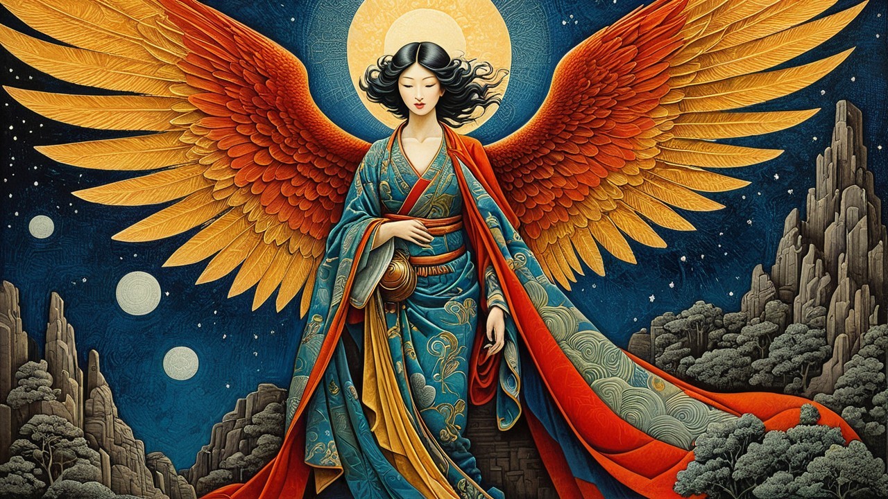 Celestial Angel in Teal Kimono with Phoenix Wings
