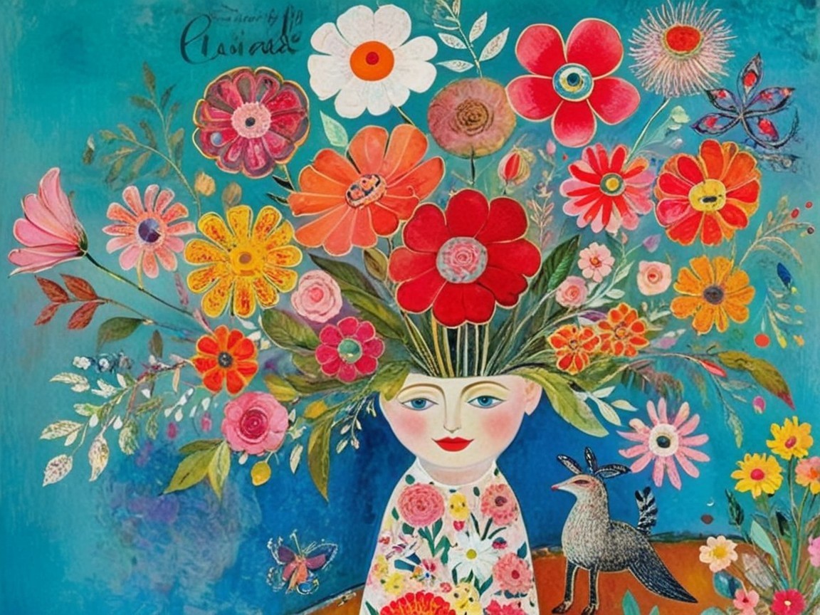 Whimsical Painting of Figure with Colorful Flowers