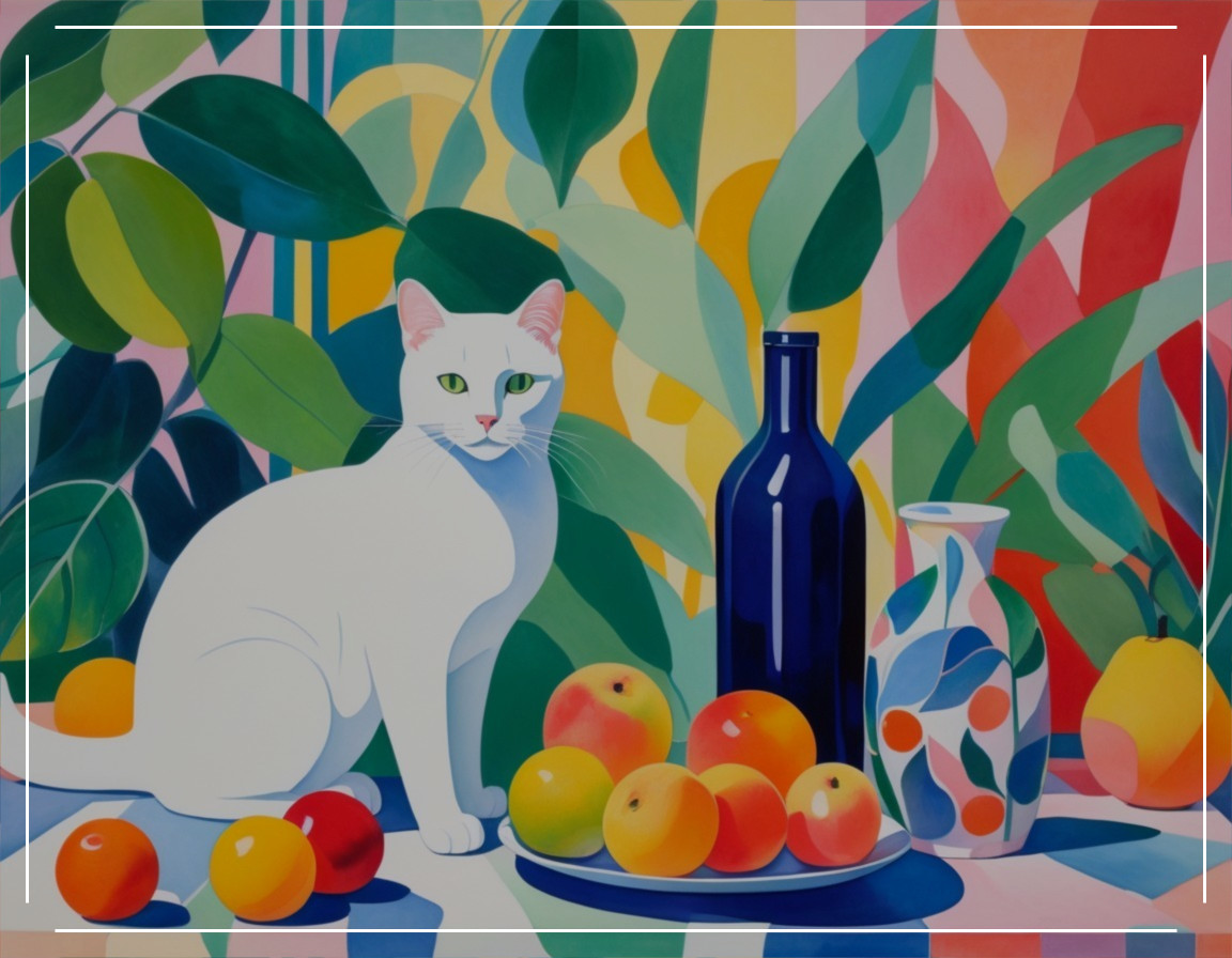 Vibrant Still Life with White Cat and Colorful Fruits