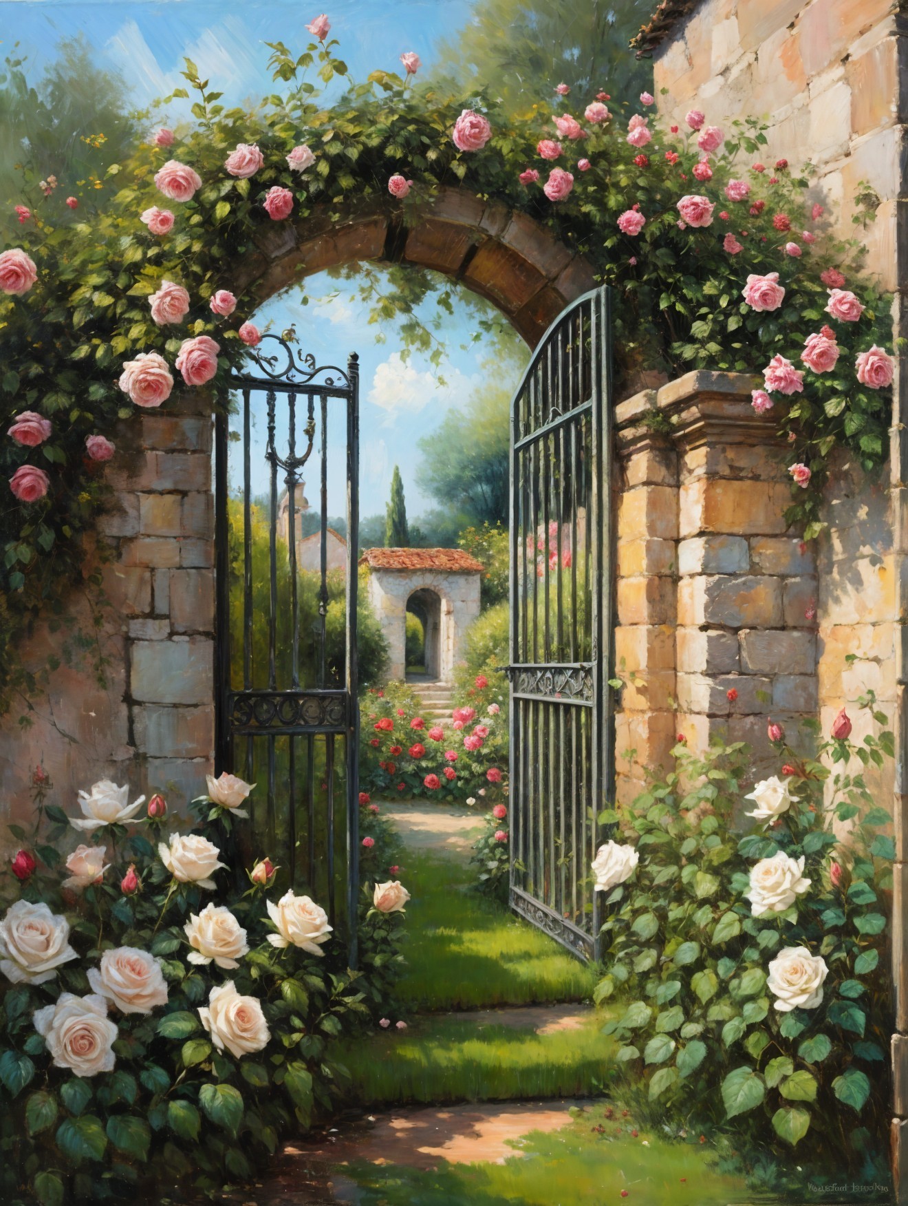 Serene Garden Scene with Wrought-Iron Gate and Flowers