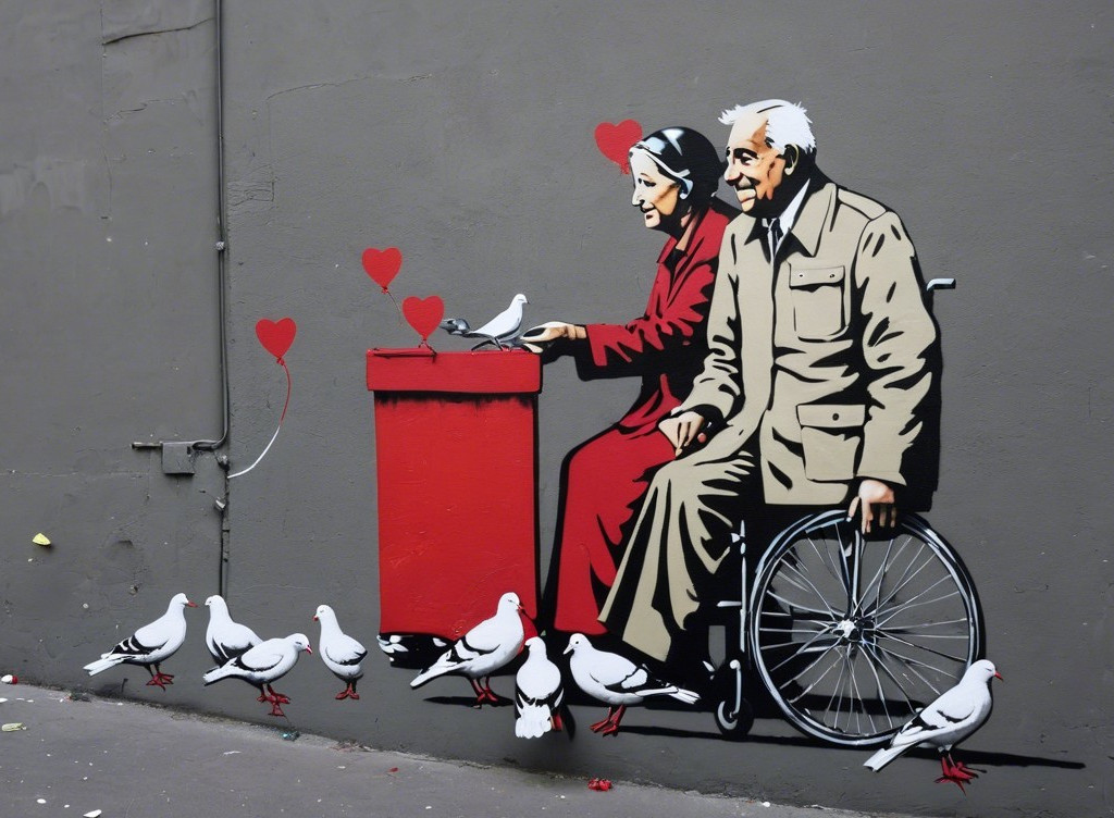 Mural of Elderly Couple Feeding Pigeons Together