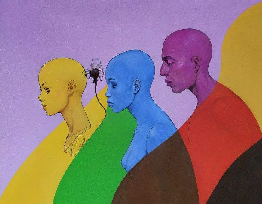 Three Stylized Figures in Vibrant Colors and Pastels