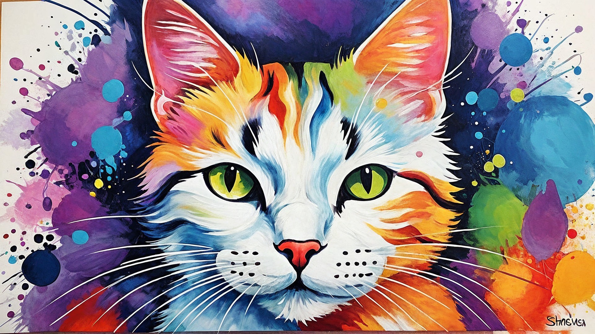 Vibrant Colorful Portrait of a Cat with Whimsical Design