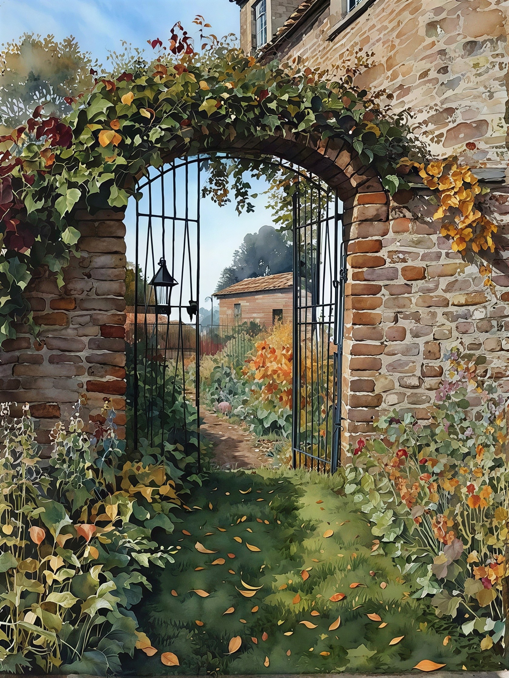 Watercolor Painting of Arched Garden Gate and Path