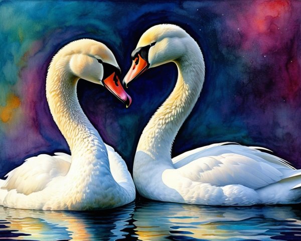 Swans Forming Heart Shape on Colorful Background