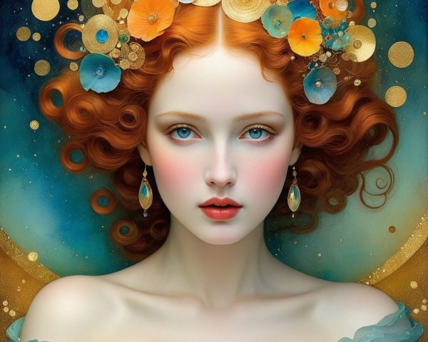 Serene Young Woman with Red Curls and Floral Accents