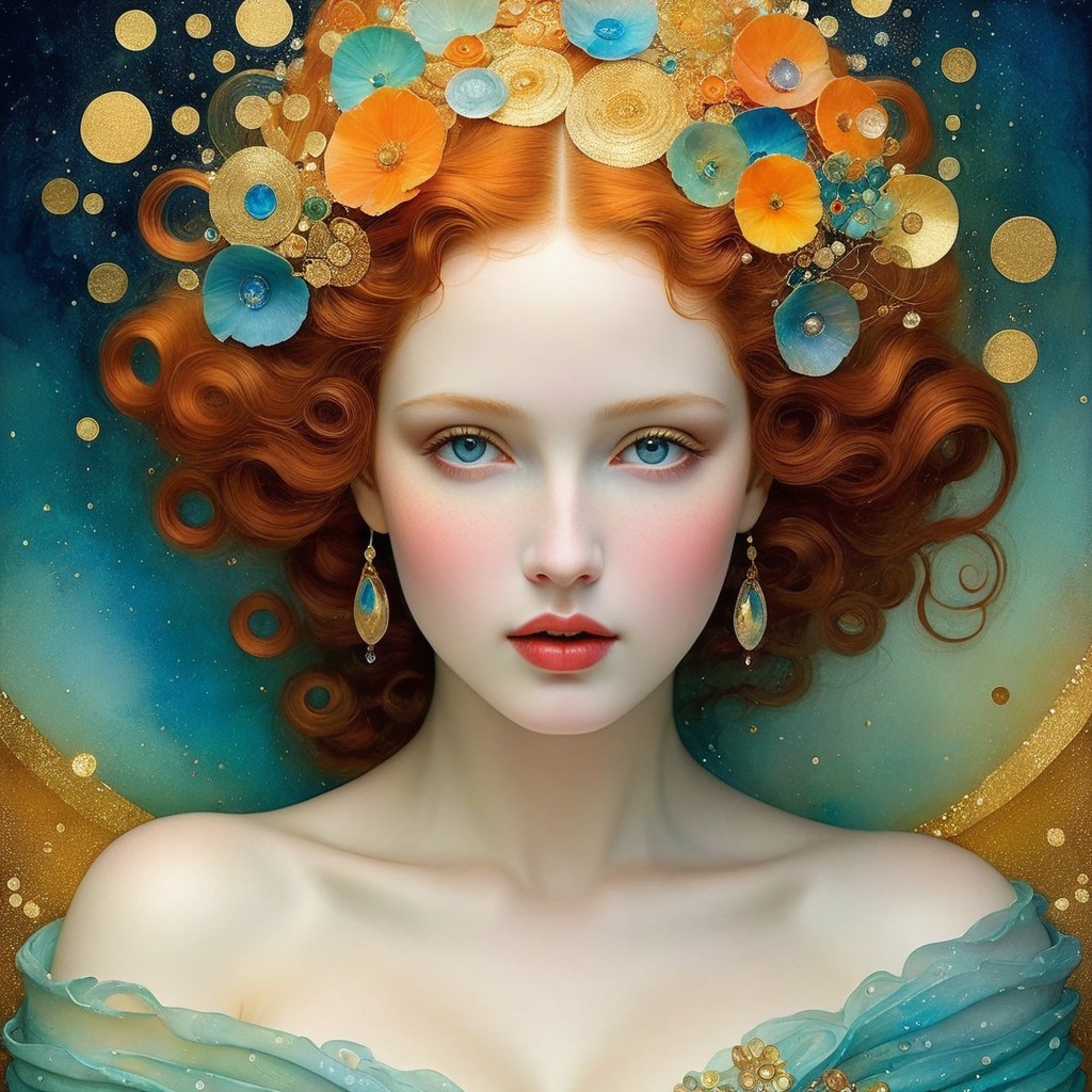 Serene Young Woman with Red Curls and Floral Accents