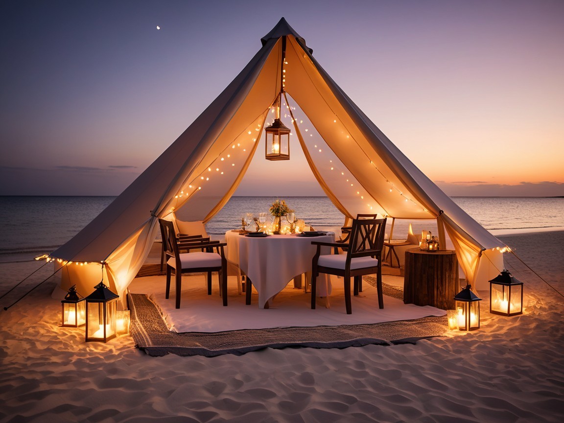 Elegant Beachfront Dining Area in Sunset Tent Setting
