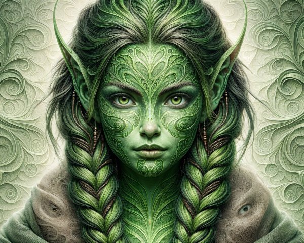 Mystical Figure with Green Skin and Intricate Patterns