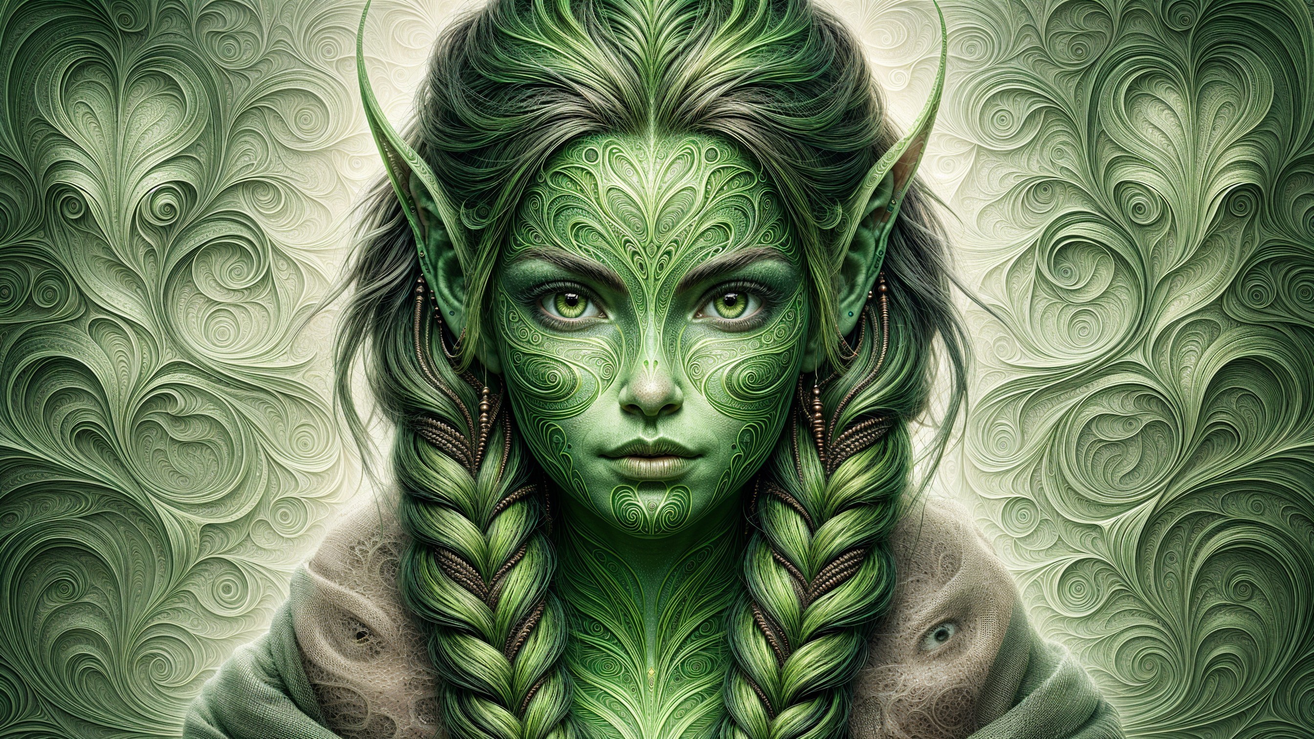 Mystical Figure with Green Skin and Intricate Patterns