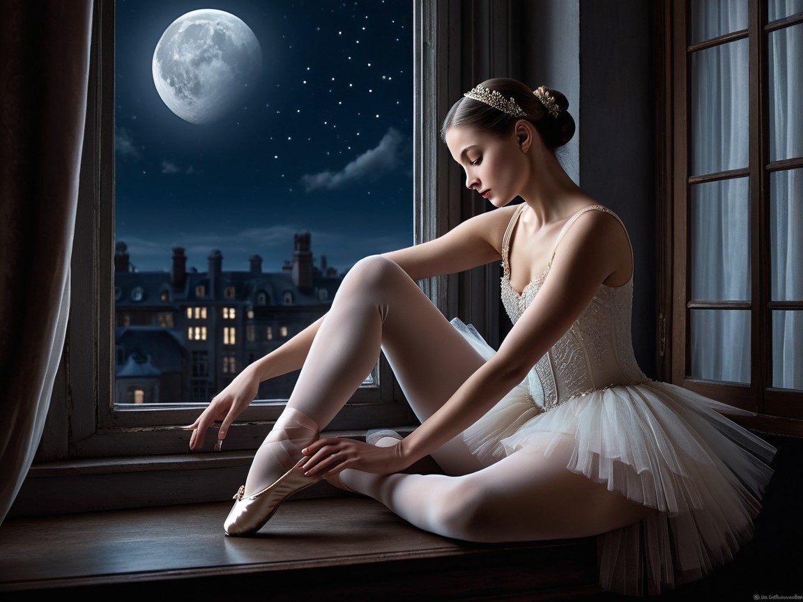 Ballet Dancer Preparing by a Moonlit Window