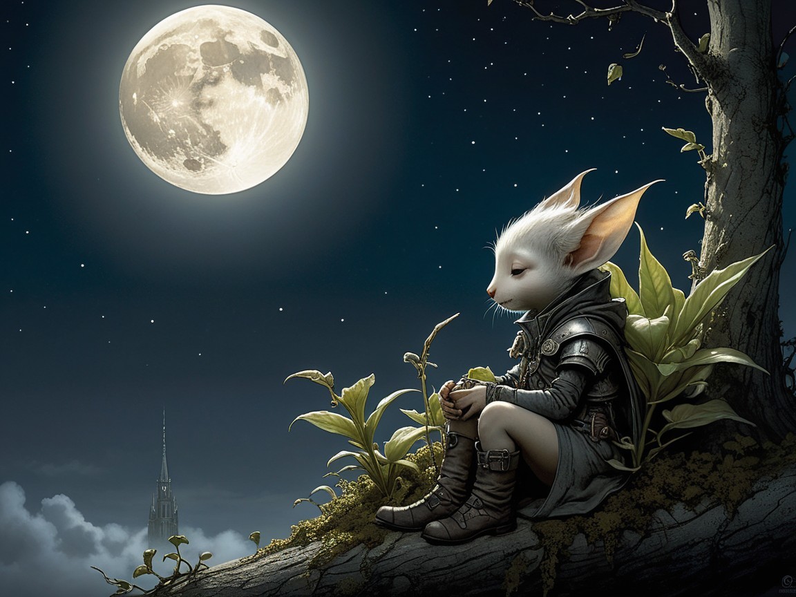 Whimsical Creature in Moonlit Forest Scene