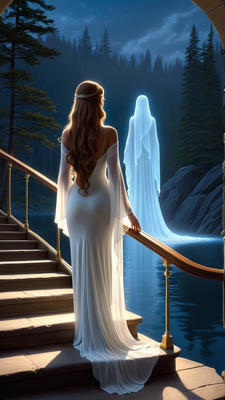 Woman in White Gown by Moonlit Lake with Ghostly Figure
