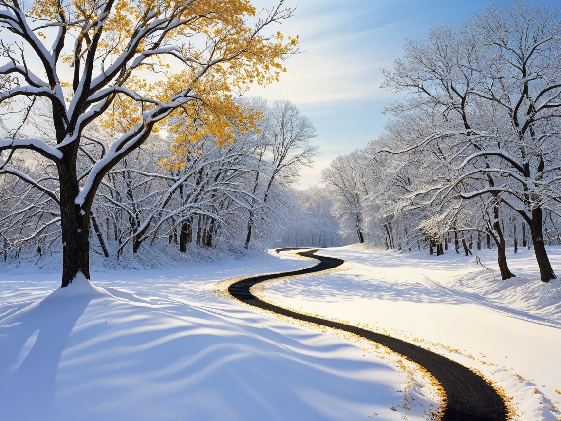 Winter Landscape with Snow-Covered Road and Tree