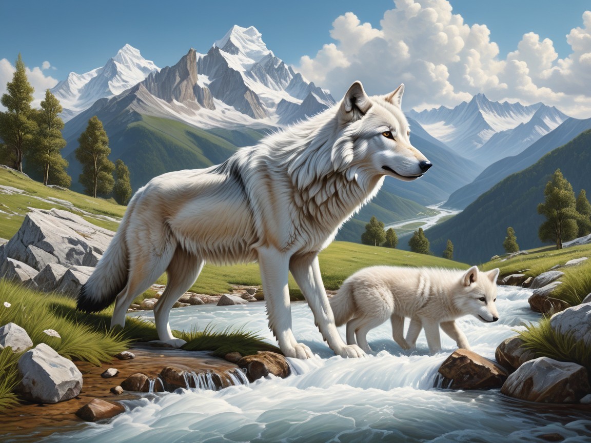 Majestic white wolf and playful cub by tranquil stream