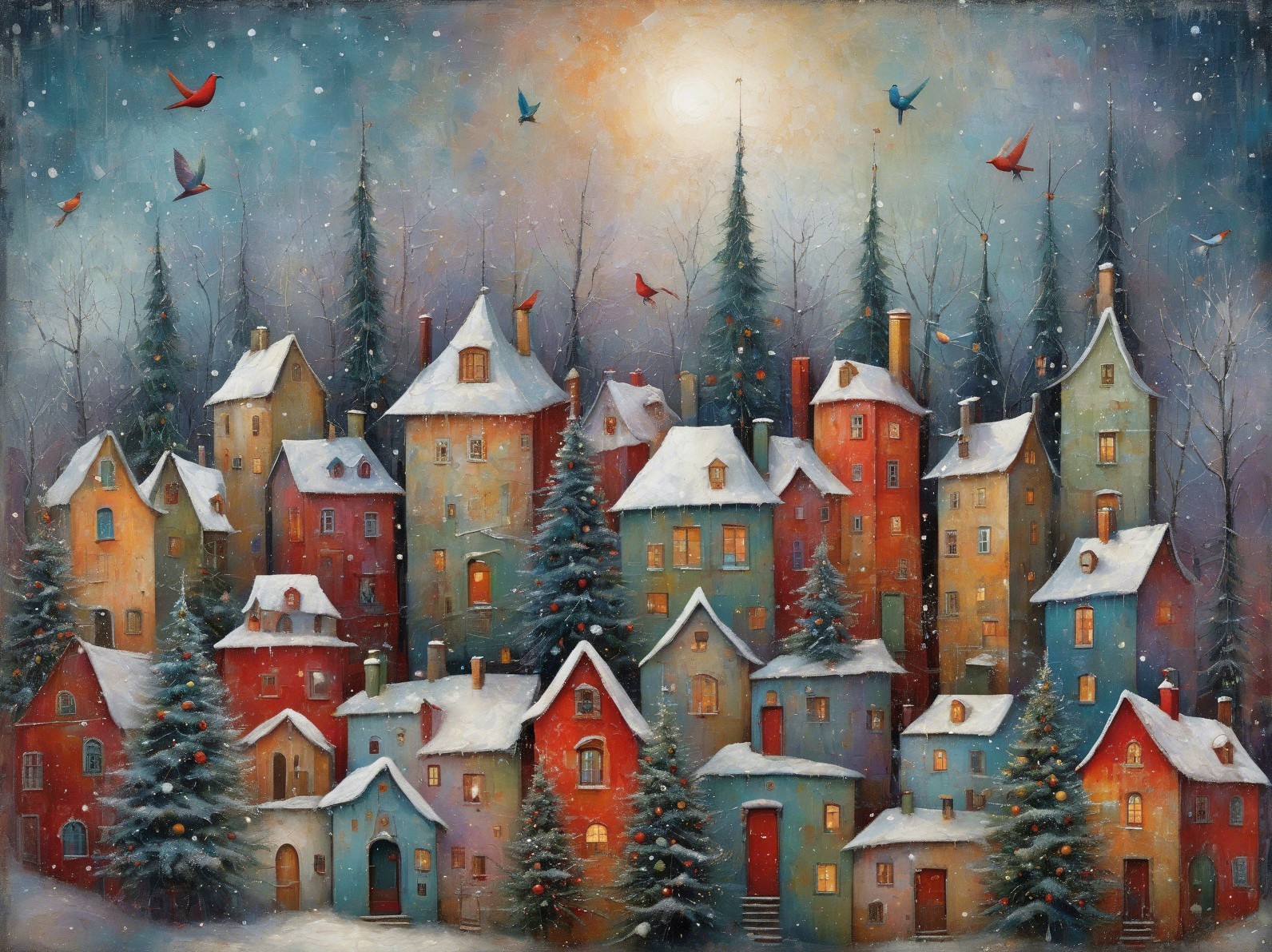 Charming Snowy Village Painting in Fantasy Art Style