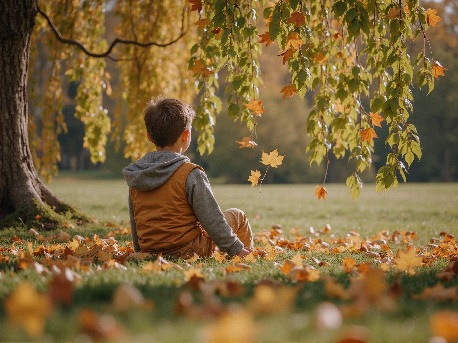 Young boy in autumn park with colorful leaves