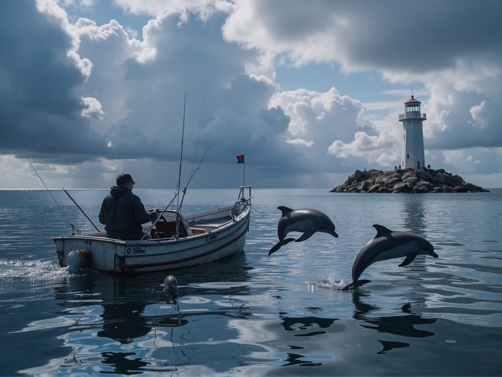 Lone Fisherman in Boat with Lighthouse and Dolphins
