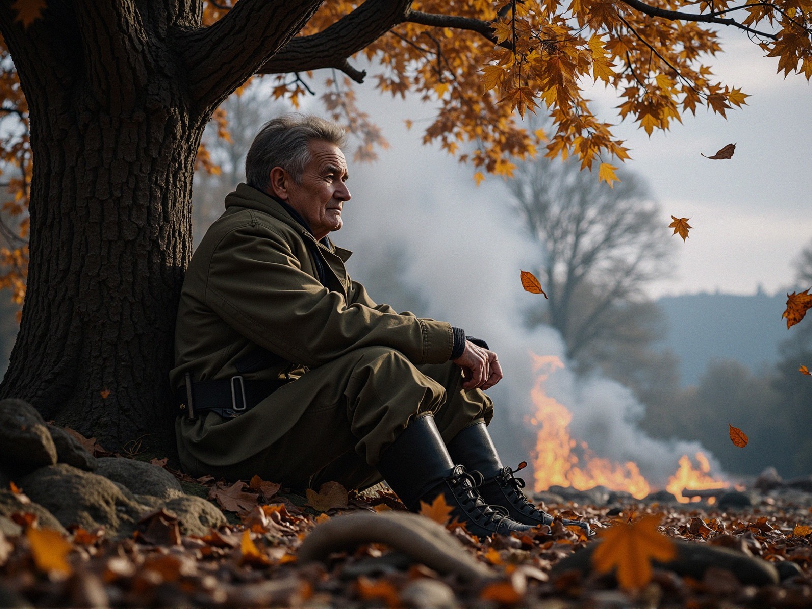 Lone Soldier in Autumn Landscape with Smoke Background