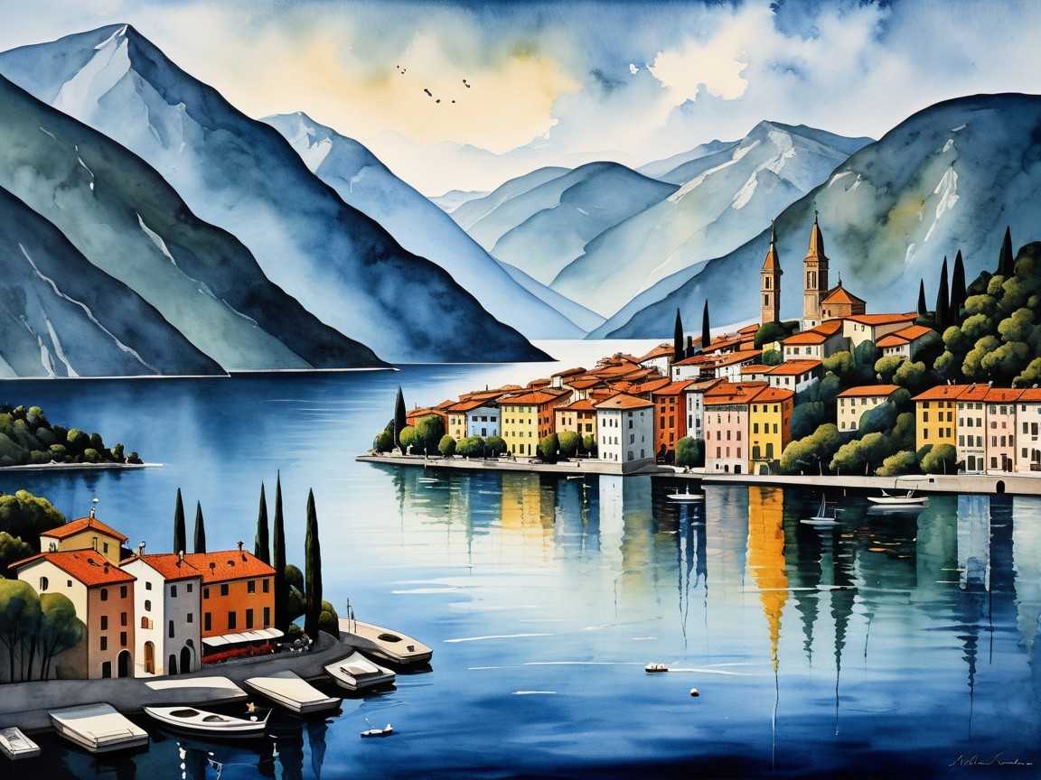 Lakeside Village Surrounded by Majestic Mountains
