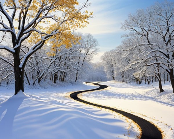 Winter Landscape with Snow-Covered Road and Tree