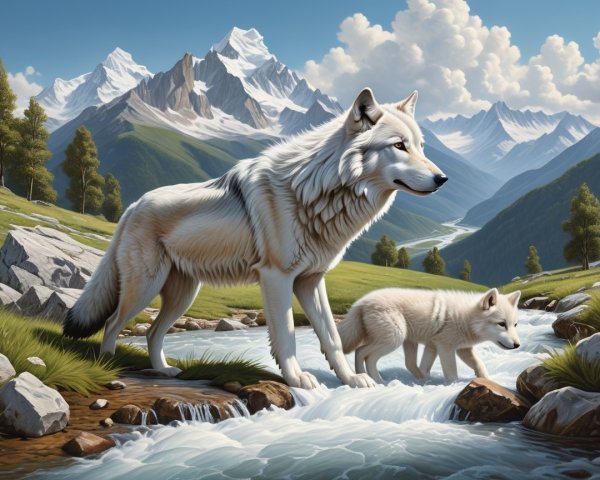 Majestic white wolf and playful cub by tranquil stream