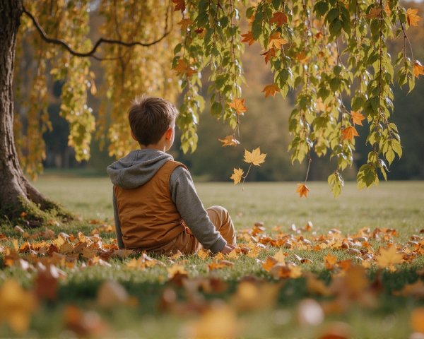 Young boy in autumn park with colorful leaves