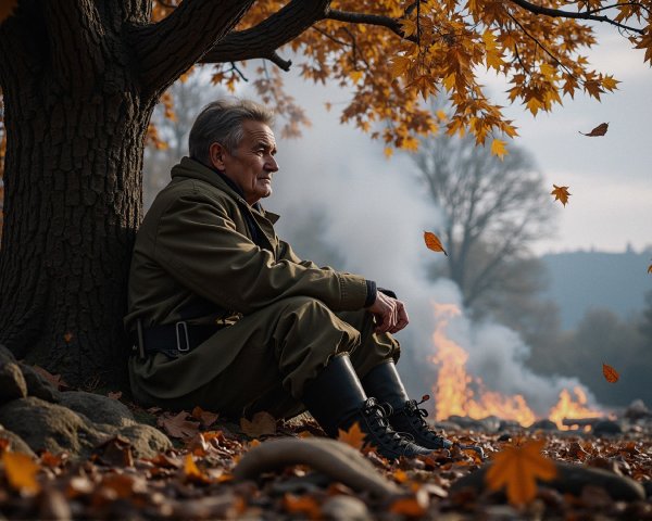 Lone Soldier in Autumn Landscape with Smoke Background