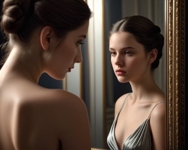 Realistic Portrait of Young Woman in Gold-Framed Mirror