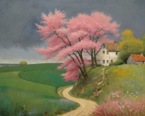 Rural Landscape with House and Cherry Blossom Trees