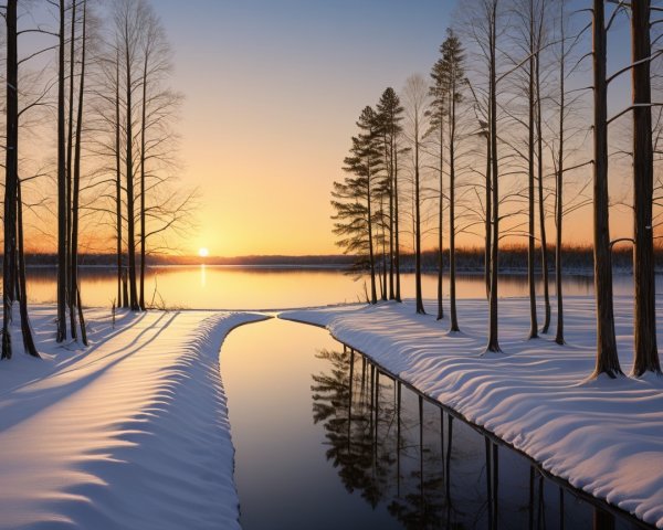 Sunrise Reflection on Snowy Lake Inlet Landscape