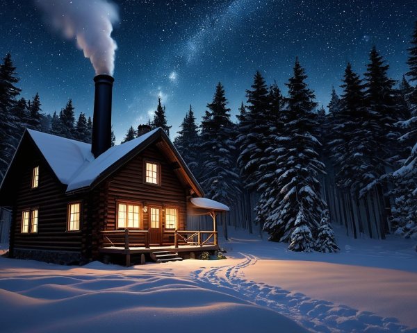 Winter Cabin Surrounded by Snowy Pine Trees at Night