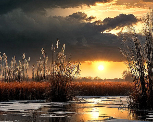 Serene Dusk Landscape with Grasses and Sunset Reflections
