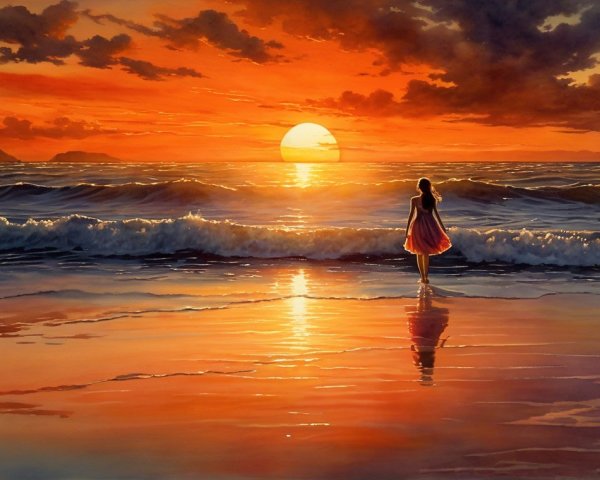 Serene Beach Sunset with Woman at Water's Edge