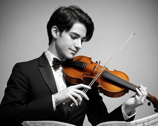 Young Musician in Tuxedo Plays Violin with Passion