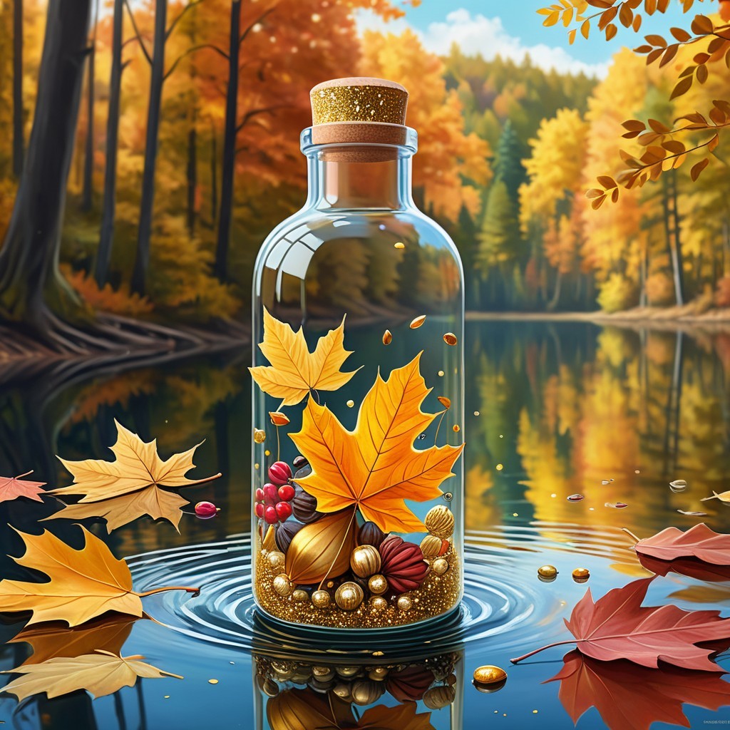 Glass Bottle with Autumn Leaves by Serene Lake