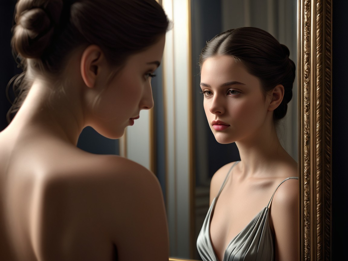 Realistic Portrait of Young Woman in Gold-Framed Mirror
