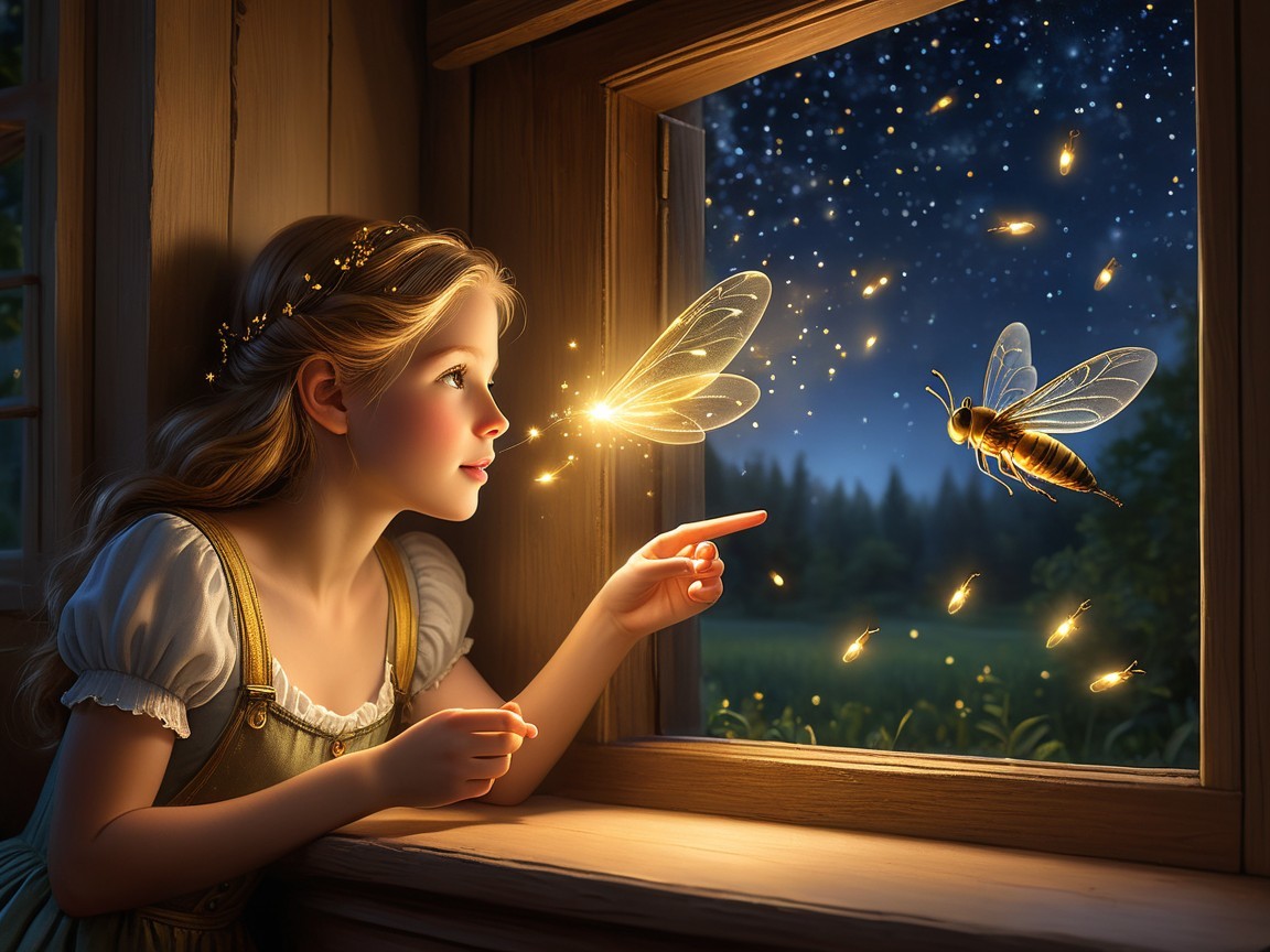 Young girl by window admiring fireflies at night