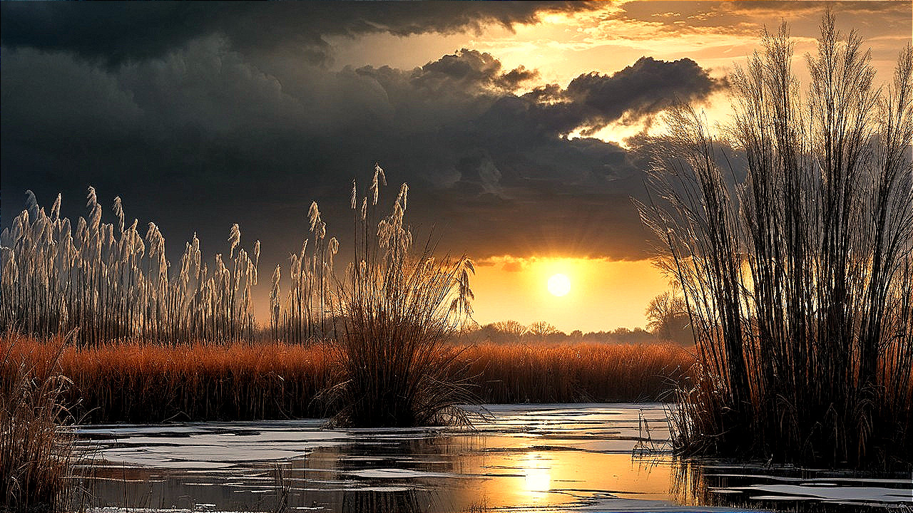 Serene Dusk Landscape with Grasses and Sunset Reflections