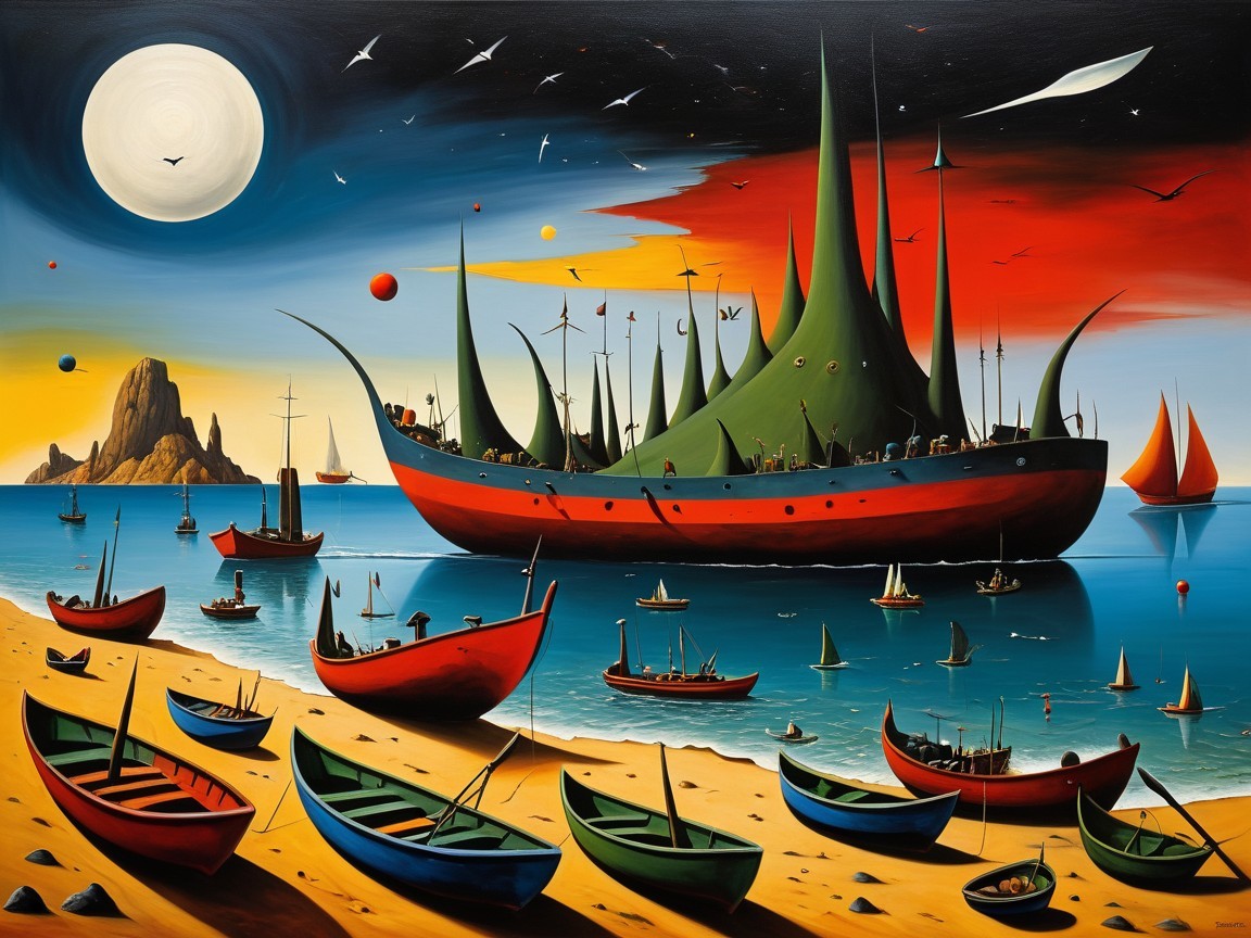 Surreal Beach Scene with Fantastical Ship and Colors