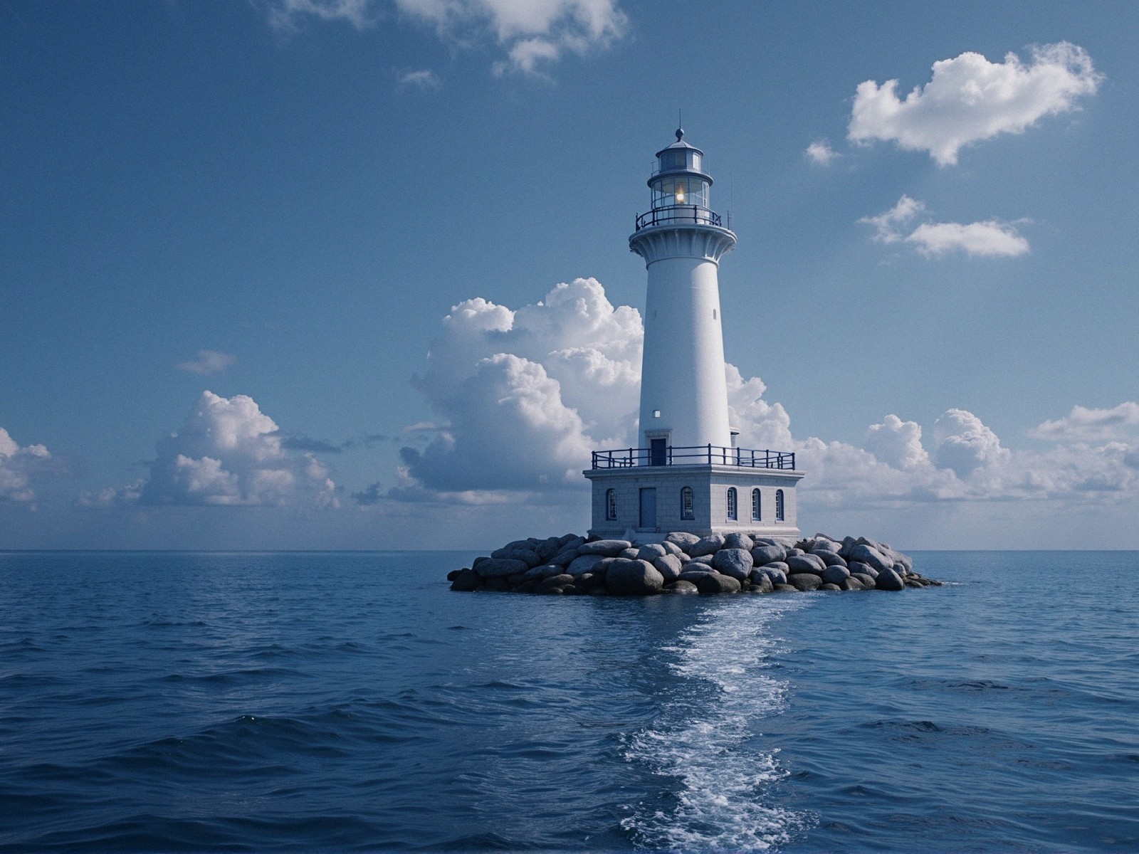 Tall White Lighthouse on Rocky Outcrop by Blue Waters