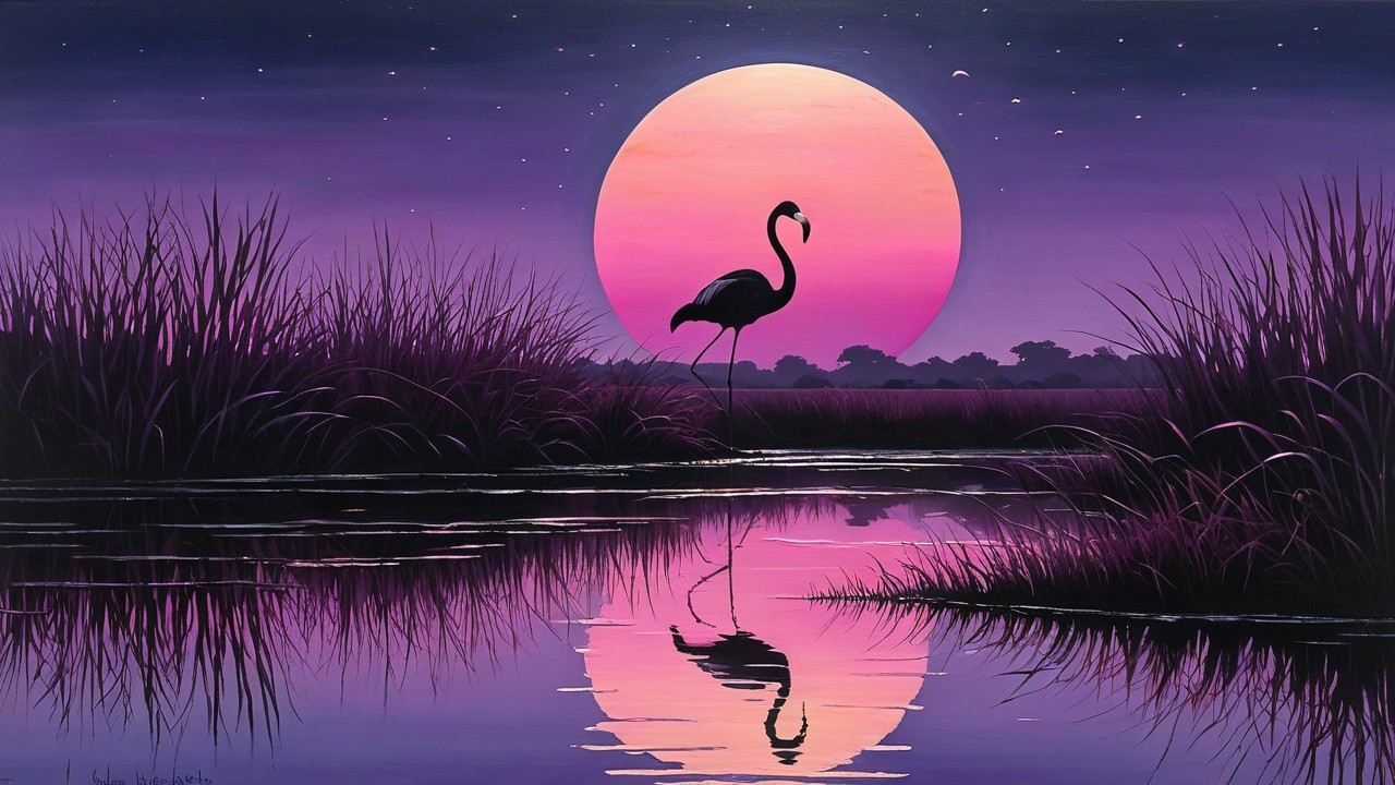 Twilight Landscape with Pink Moon and Flamingo Reflection