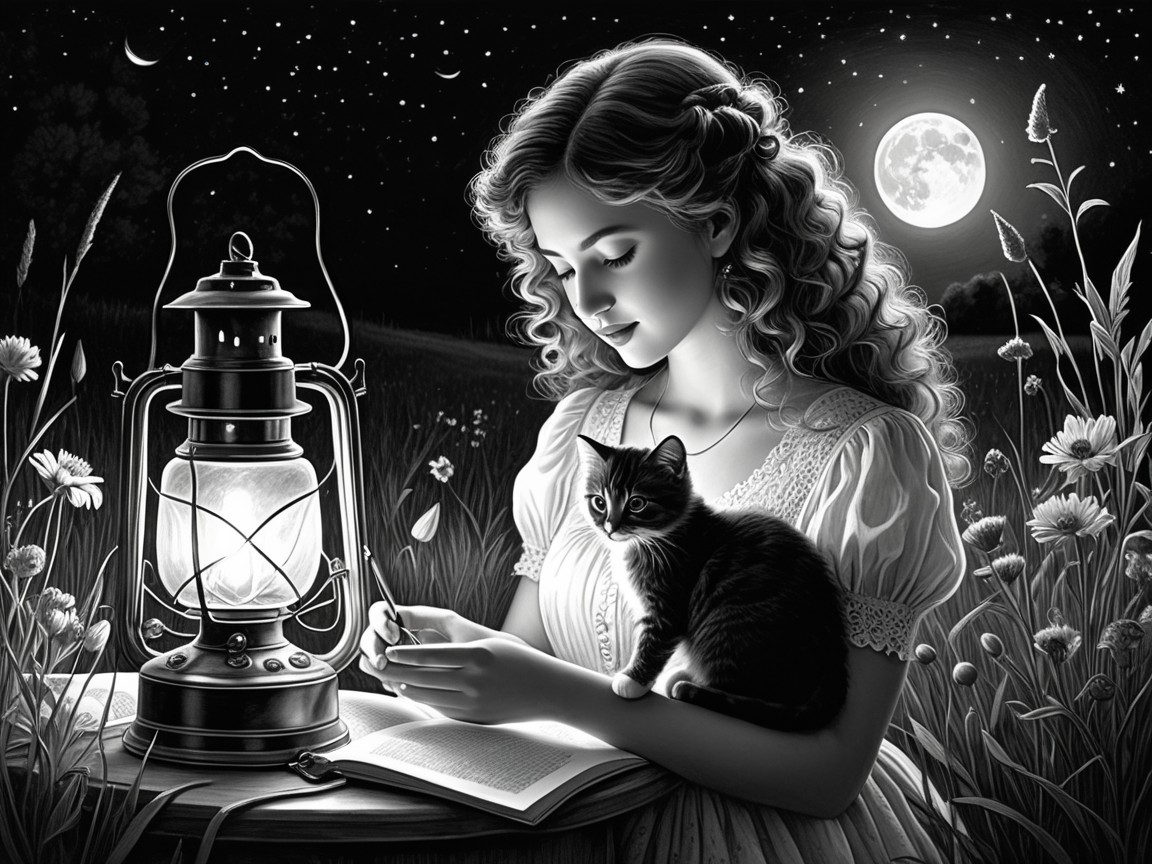 Young Woman Reading by Lantern Under Moonlit Sky