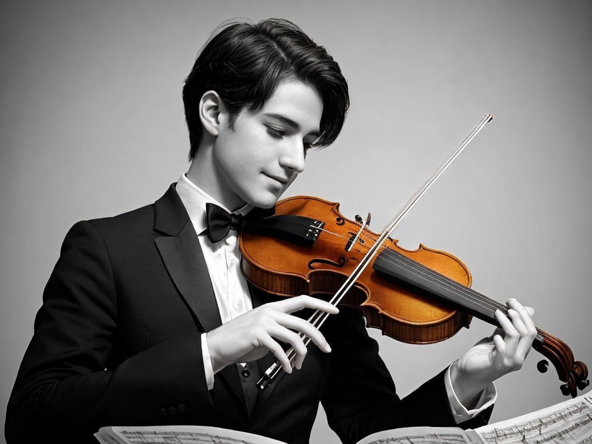 Young Musician in Tuxedo Plays Violin with Passion