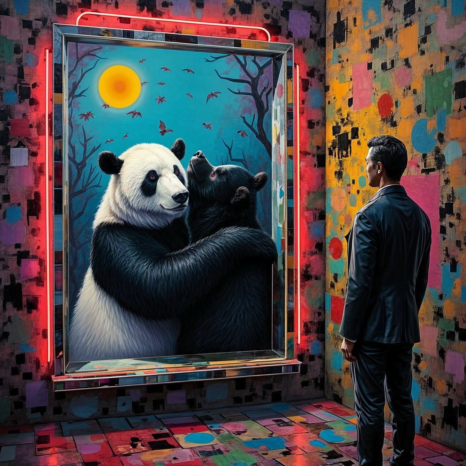 Man in Suit Before Colorful Panda and Bear Mural