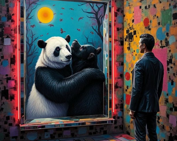 Man in Suit Before Colorful Panda and Bear Mural