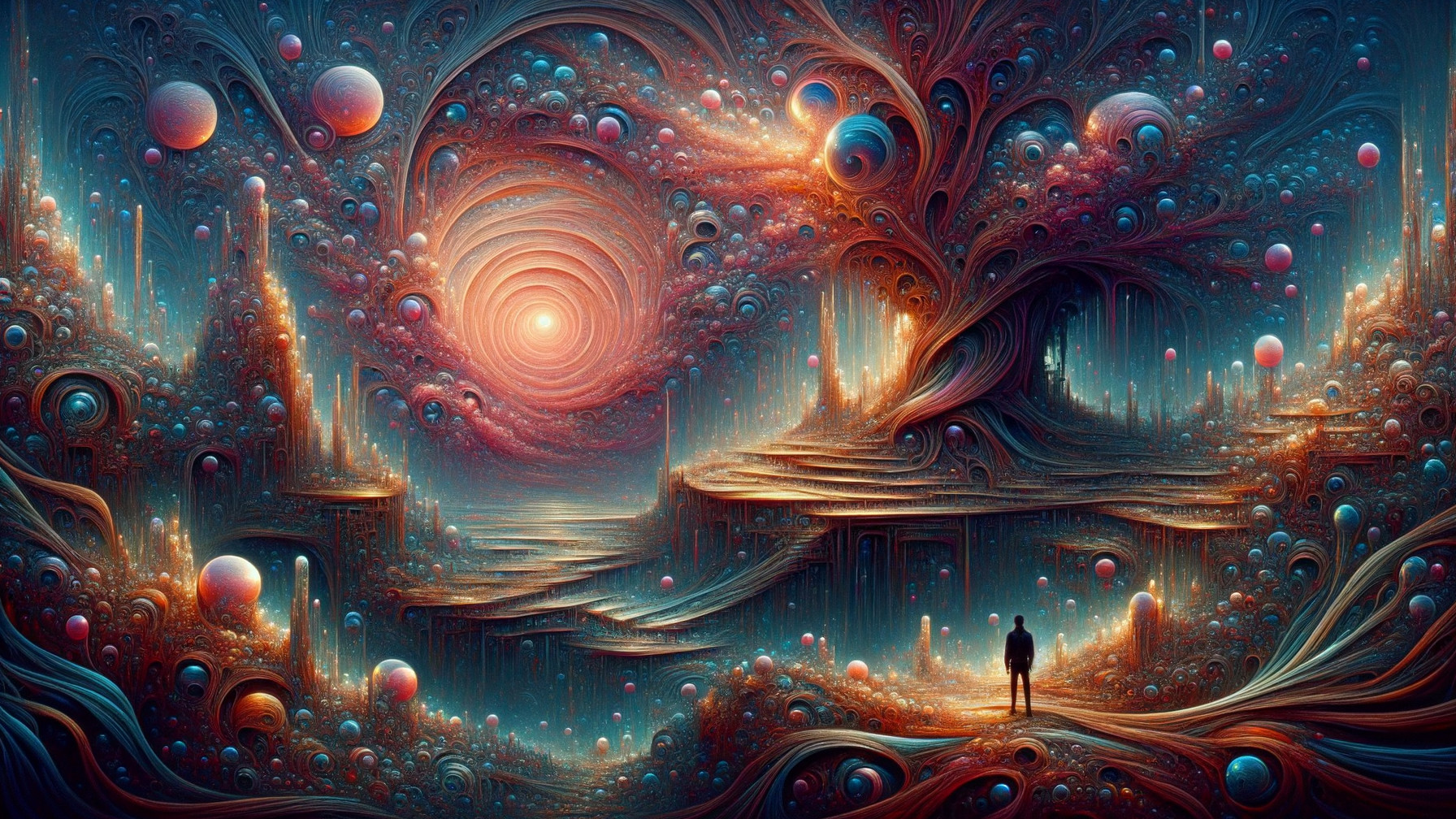Surreal Landscape with Vibrant Patterns and Orbs